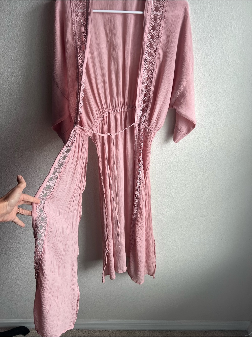 Love Tree Blush Pink Crochet Trim Kimono Duster Cardigan - Picture 2 of 10